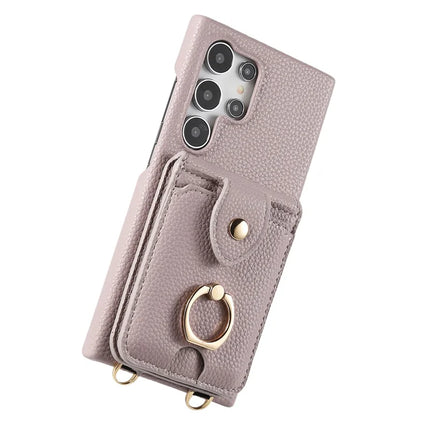 For Samsung Galaxy S23 Ultra Case with Card Holder, Shoulder Strap PC+TPU Ring Kickstand Phone Back Cover