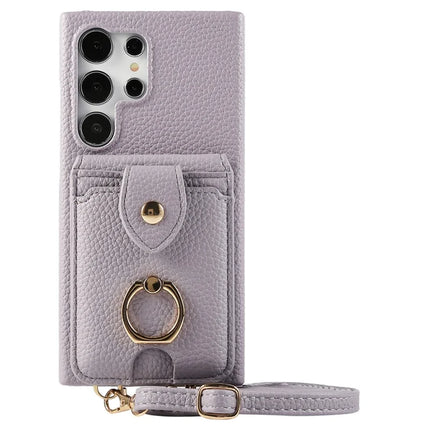 For Samsung Galaxy S23 Ultra Case with Card Holder, Shoulder Strap PC+TPU Ring Kickstand Phone Back Cover - Purplish