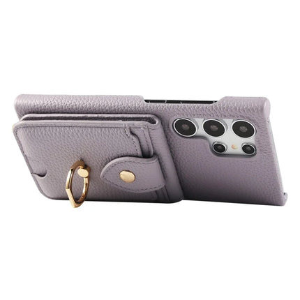 For Samsung Galaxy S23 Ultra Case with Card Holder, Shoulder Strap PC+TPU Ring Kickstand Phone Back Cover