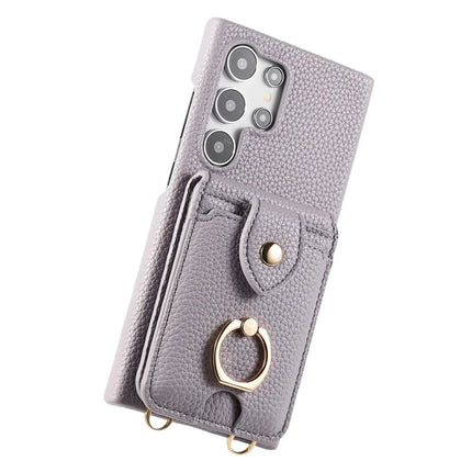 For Samsung Galaxy S23 Ultra Case with Card Holder, Shoulder Strap PC+TPU Ring Kickstand Phone Back Cover