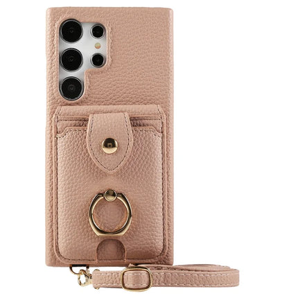 For Samsung Galaxy S23 Ultra Case with Card Holder, Shoulder Strap PC+TPU Ring Kickstand Phone Back Cover - Flesh