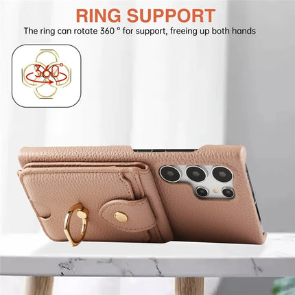 For Samsung Galaxy S23 Ultra Case with Card Holder, Shoulder Strap PC+TPU Ring Kickstand Phone Back Cover