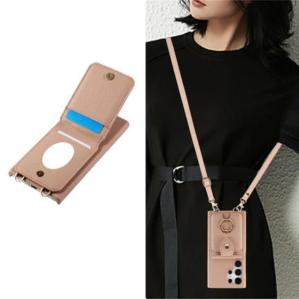 For Samsung Galaxy S23 Ultra Case with Card Holder, Shoulder Strap PC+TPU Ring Kickstand Phone Back Cover
