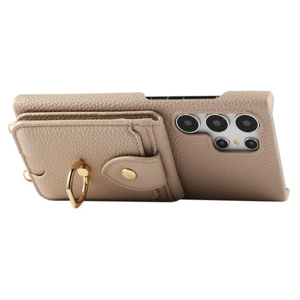 For Samsung Galaxy S23 Ultra Case with Card Holder, Shoulder Strap PC+TPU Ring Kickstand Phone Back Cover