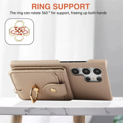 For Samsung Galaxy S23 Ultra Case with Card Holder, Shoulder Strap PC+TPU Ring Kickstand Phone Back Cover
