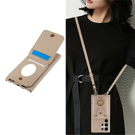For Samsung Galaxy S23 Ultra Case with Card Holder, Shoulder Strap PC+TPU Ring Kickstand Phone Back Cover