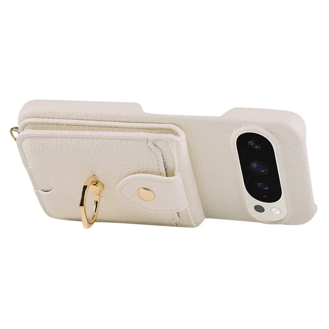 For Google Pixel 9 Pro XL  /  9 Pro Case with Card Holder, Shoulder Strap PC+TPU Ring Kickstand Phone Back Cover