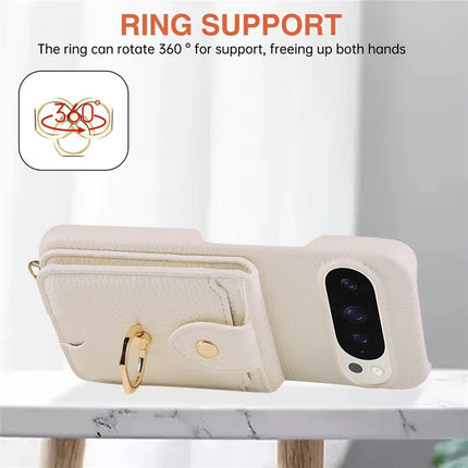 For Google Pixel 9 Pro XL  /  9 Pro Case with Card Holder, Shoulder Strap PC+TPU Ring Kickstand Phone Back Cover