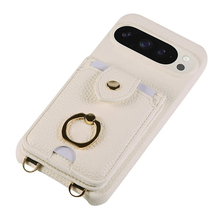 For Google Pixel 9 Pro XL  /  9 Pro Case with Card Holder, Shoulder Strap PC+TPU Ring Kickstand Phone Back Cover