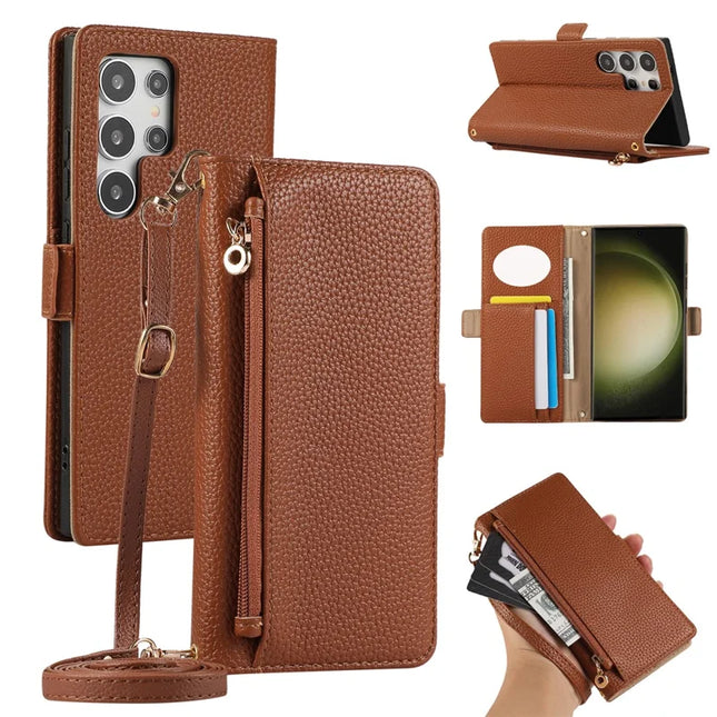 For Samsung Galaxy S23 Ultra Wallet Phone Case Shockproof TPU+PU Leather Flip Cover with Mirror, Strap - Brown