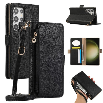For Samsung Galaxy S23 Ultra Wallet Phone Case Shockproof TPU+PU Leather Flip Cover with Mirror, Strap - Black