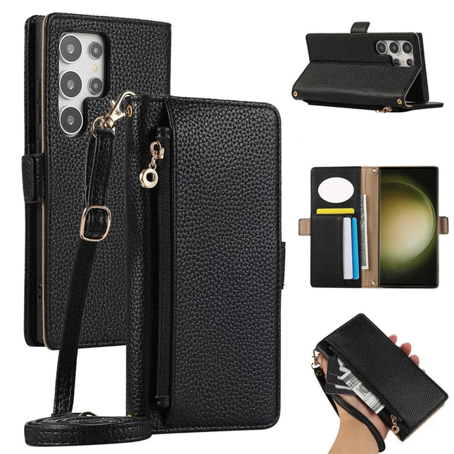 For Samsung Galaxy S23 Ultra Wallet Phone Case Shockproof TPU+PU Leather Flip Cover with Mirror, Strap - Black