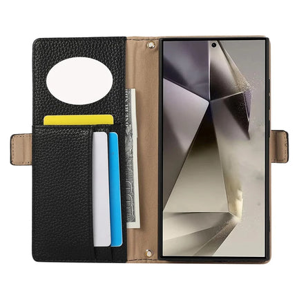 For Samsung Galaxy S23 Ultra Wallet Phone Case Shockproof TPU+PU Leather Flip Cover with Mirror, Strap