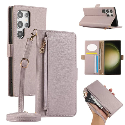 For Samsung Galaxy S23 Ultra Wallet Phone Case Shockproof TPU+PU Leather Flip Cover with Mirror, Strap - Purple