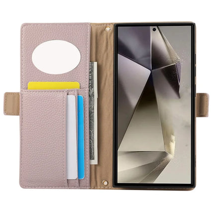 For Samsung Galaxy S23 Ultra Wallet Phone Case Shockproof TPU+PU Leather Flip Cover with Mirror, Strap
