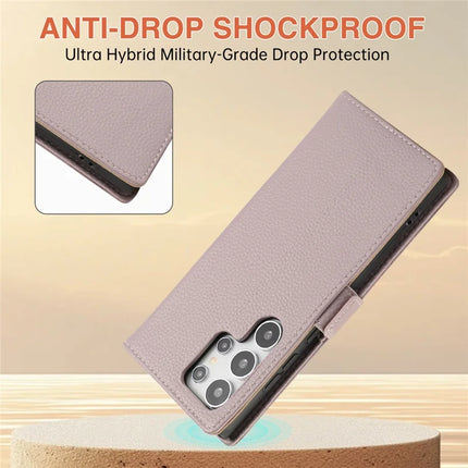 For Samsung Galaxy S23 Ultra Wallet Phone Case Shockproof TPU+PU Leather Flip Cover with Mirror, Strap