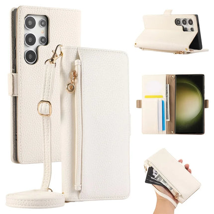 For Samsung Galaxy S23 Ultra Wallet Phone Case Shockproof TPU+PU Leather Flip Cover with Mirror, Strap - White