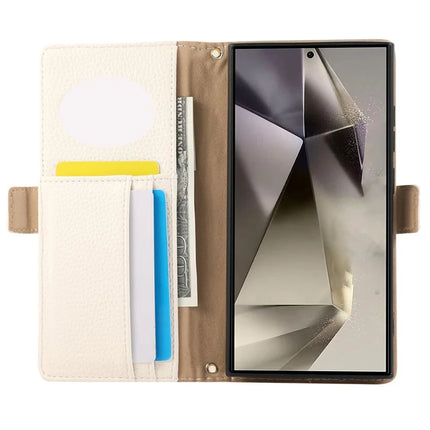 For Samsung Galaxy S23 Ultra Wallet Phone Case Shockproof TPU+PU Leather Flip Cover with Mirror, Strap