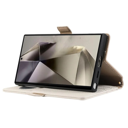 For Samsung Galaxy S23 Ultra Wallet Phone Case Shockproof TPU+PU Leather Flip Cover with Mirror, Strap