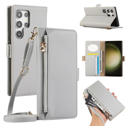 For Samsung Galaxy S23 Ultra Wallet Phone Case Shockproof TPU+PU Leather Flip Cover with Mirror, Strap - Grey Blue