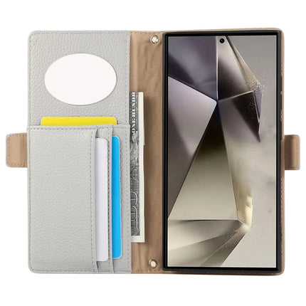 For Samsung Galaxy S23 Ultra Wallet Phone Case Shockproof TPU+PU Leather Flip Cover with Mirror, Strap
