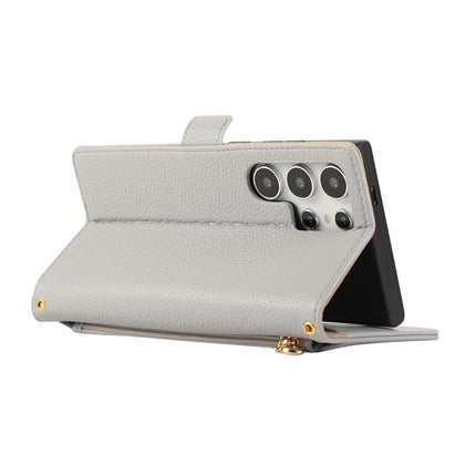For Samsung Galaxy S23 Ultra Wallet Phone Case Shockproof TPU+PU Leather Flip Cover with Mirror, Strap