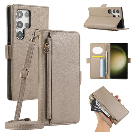 For Samsung Galaxy S23 Ultra Wallet Phone Case Shockproof TPU+PU Leather Flip Cover with Mirror, Strap - Khaki