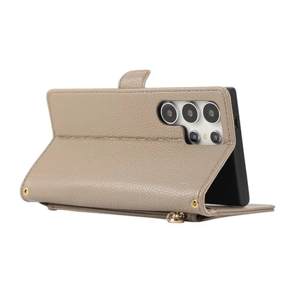 For Samsung Galaxy S23 Ultra Wallet Phone Case Shockproof TPU+PU Leather Flip Cover with Mirror, Strap