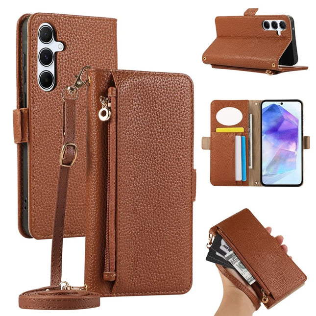 For Samsung Galaxy A55 5G Wallet Phone Case Shockproof TPU+PU Leather Flip Cover with Mirror, Strap - Brown