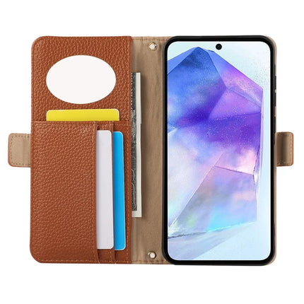 For Samsung Galaxy A55 5G Wallet Phone Case Shockproof TPU+PU Leather Flip Cover with Mirror, Strap