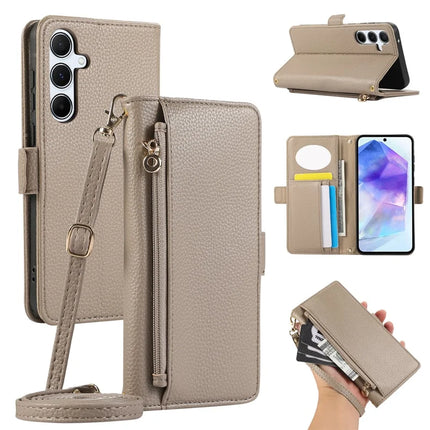 For Samsung Galaxy A55 5G Wallet Phone Case Shockproof TPU+PU Leather Flip Cover with Mirror, Strap - Khaki