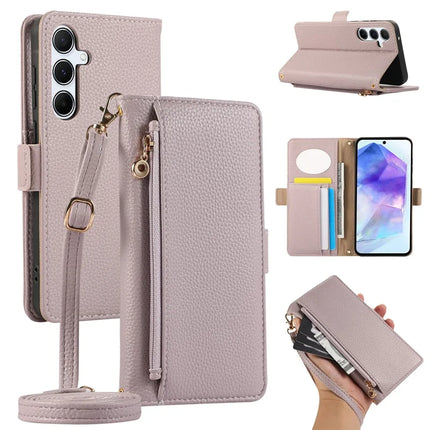 For Samsung Galaxy A55 5G Wallet Phone Case Shockproof TPU+PU Leather Flip Cover with Mirror, Strap - Purple