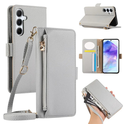For Samsung Galaxy A55 5G Wallet Phone Case Shockproof TPU+PU Leather Flip Cover with Mirror, Strap - Grey Blue