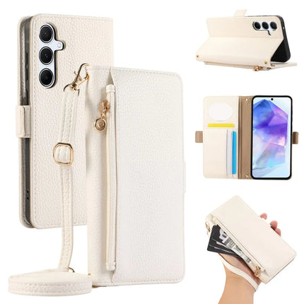 For Samsung Galaxy A55 5G Wallet Phone Case Shockproof TPU+PU Leather Flip Cover with Mirror, Strap - White