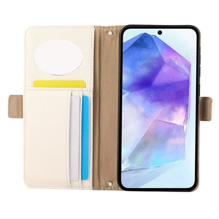 For Samsung Galaxy A55 5G Wallet Phone Case Shockproof TPU+PU Leather Flip Cover with Mirror, Strap