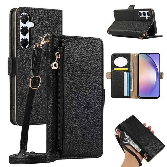 For Samsung Galaxy A54 5G Wallet Phone Case Shockproof TPU+PU Leather Flip Cover with Mirror, Strap - Black