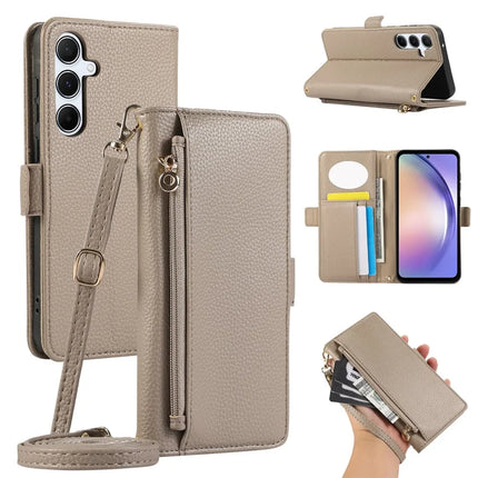 For Samsung Galaxy A54 5G Wallet Phone Case Shockproof TPU+PU Leather Flip Cover with Mirror, Strap - Khaki