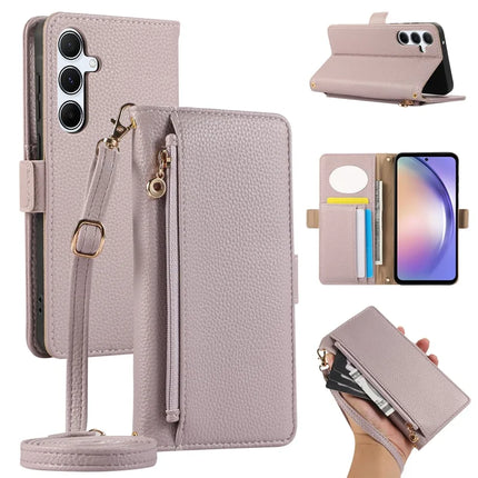 For Samsung Galaxy A54 5G Wallet Phone Case Shockproof TPU+PU Leather Flip Cover with Mirror, Strap - Purple