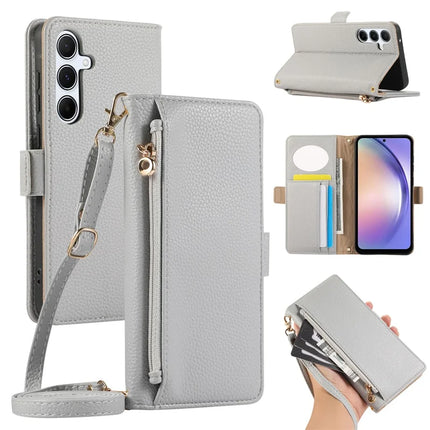 For Samsung Galaxy A54 5G Wallet Phone Case Shockproof TPU+PU Leather Flip Cover with Mirror, Strap - Grey Blue