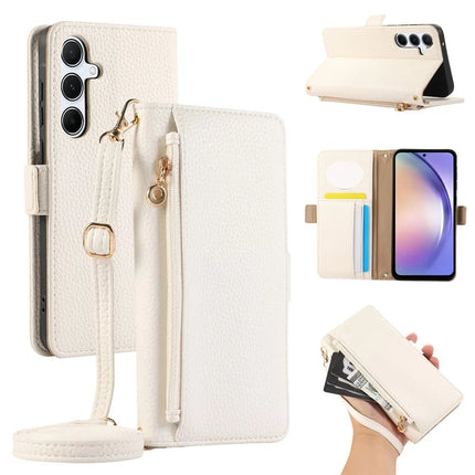 For Samsung Galaxy A54 5G Wallet Phone Case Shockproof TPU+PU Leather Flip Cover with Mirror, Strap - White