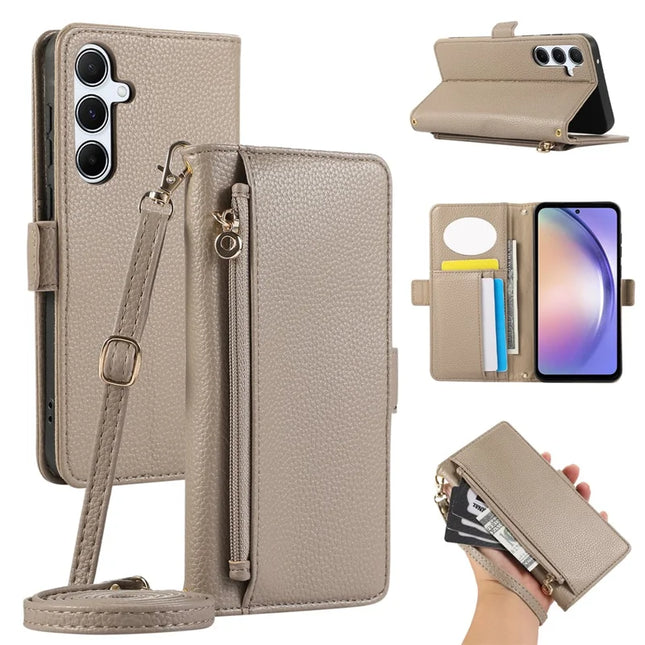 For Samsung Galaxy A35 5G Wallet Phone Case Shockproof TPU+PU Leather Flip Cover with Mirror, Strap - Khaki