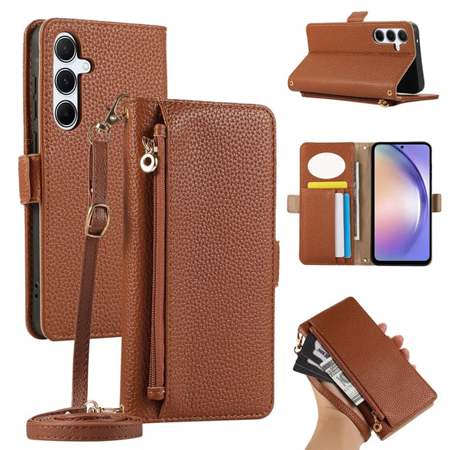 For Samsung Galaxy A35 5G Wallet Phone Case Shockproof TPU+PU Leather Flip Cover with Mirror, Strap - Brown