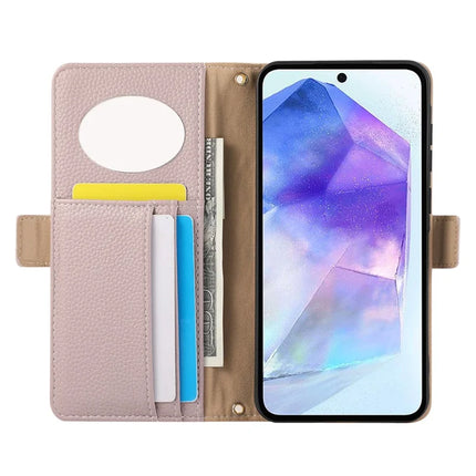 For Samsung Galaxy A35 5G Wallet Phone Case Shockproof TPU+PU Leather Flip Cover with Mirror, Strap