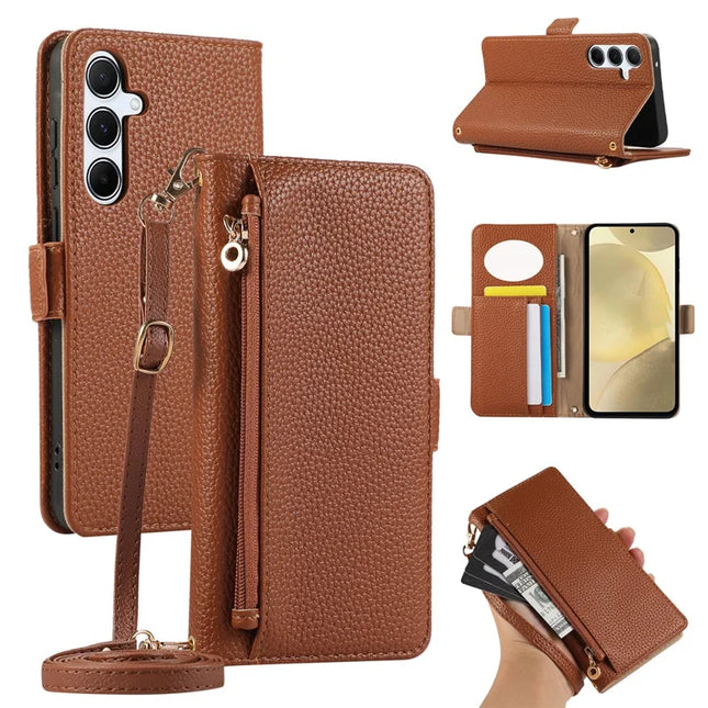 For Samsung Galaxy A15 5G / 4G Wallet Phone Case Shockproof TPU+PU Leather Flip Cover with Mirror, Strap - Brown