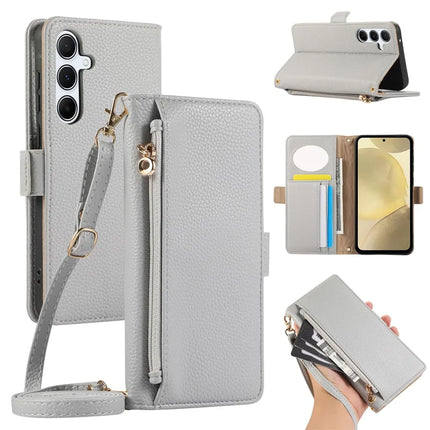 For Samsung Galaxy A15 5G / 4G Wallet Phone Case Shockproof TPU+PU Leather Flip Cover with Mirror, Strap - Grey Blue