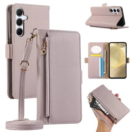 For Samsung Galaxy A15 5G / 4G Wallet Phone Case Shockproof TPU+PU Leather Flip Cover with Mirror, Strap - Purple