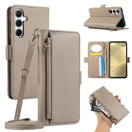 For Samsung Galaxy A15 5G / 4G Wallet Phone Case Shockproof TPU+PU Leather Flip Cover with Mirror, Strap - Khaki