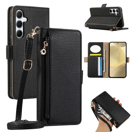 For Samsung Galaxy A15 5G / 4G Wallet Phone Case Shockproof TPU+PU Leather Flip Cover with Mirror, Strap - Black