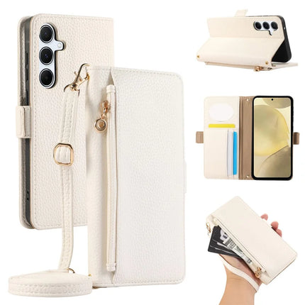 For Samsung Galaxy A15 5G / 4G Wallet Phone Case Shockproof TPU+PU Leather Flip Cover with Mirror, Strap - White