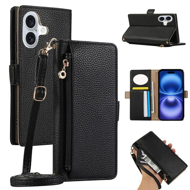 For iPhone 16 Plus Wallet Phone Case Shockproof TPU+PU Leather Flip Cover with Mirror, Strap - Black